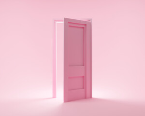 Pink 3d render illustration of minimal home open door concept design. 