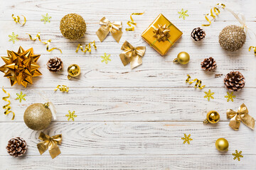 Christmas background with fir branches and Christmas decor. Top view, copy space for text © sosiukin