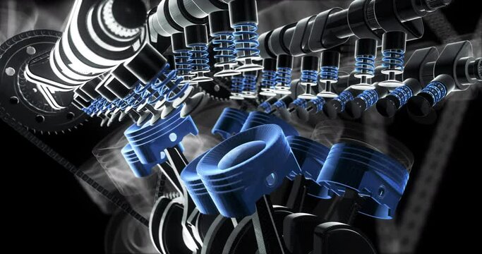 Powerful V8 Engine Working. Engine parts are visible. Rotating Slowly. Machines And Industry Related 4K 3D Animation.