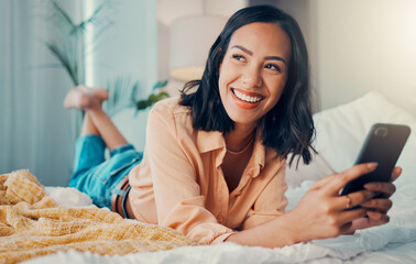 Happy woman, funny social media phone and thinking of online dating profile notification in bedroom in Spain. Young smile female relax at home, smartphone connection and 5g mobile network technology