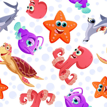 Cartoon pattern of marine life on a white background for print and design. Vector illustration.