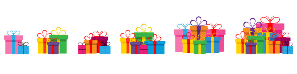 Set of colorful gift boxes with ribbons and bows.A pile of gift boxes. Presents in colorful wrapping with ribbons.Gift boxes stack in flat style.Cute present boxes on white background