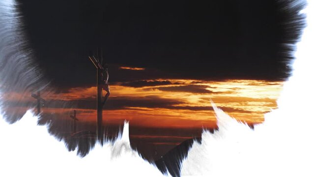 Red sunset sky The cross of Jesus Christ symbolizing death and resurrection and ink smearing and spreading effect background
