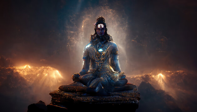 AI generated image of Hindu god Shiva, meditating on Mount Kailasa in the Himalayas 