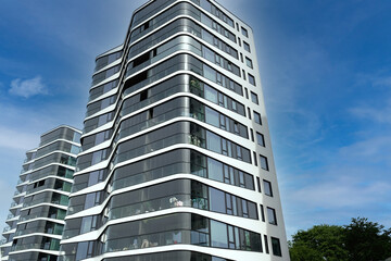 Exterior of modern glass house. Architectural detail of skyscraper, close-up on windows, balconies. Real estate, residential apartments and offices. Living apartments or office building architecture.