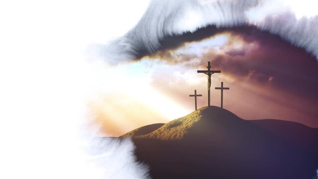 The cross of Jesus Christ symbolizing the death and resurrection of the red sunset sky and the ink smearing effect background
