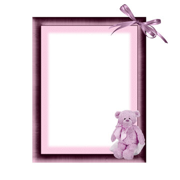 Beautiful pink souvenir photo frame with teddy bear and bow decorations for baby girl baptism birth event print image gift various occasions or graphic element