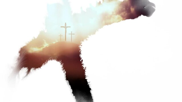 Red sunset sky The cross of Jesus Christ symbolizing death and resurrection and ink smearing and spreading effect background
