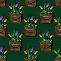 Seamless pattern with hyacinth flowers in a rustic wooden bucket on green background. Muscari in wooden pot.