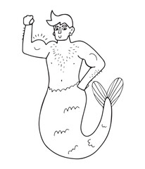 Cute strong merman with hair on his chest showing his muscles. Isolated hand drawn vector illustration in doodle style