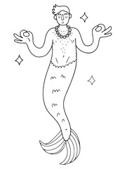 Hand drawn cute merman with beads making om sign with hands, meditating. Isolated hand drawn vector illustration in line doodle style