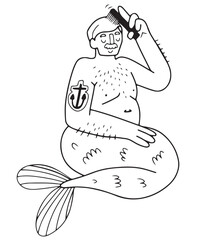 Cute chubby grown up gay merman with anchor tattoo and moustache, brushing his hair. Isolated hand drawn vector illustration in doodle style