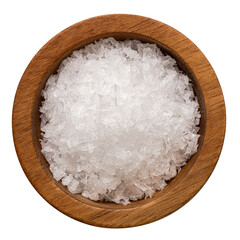 Plakat Sea salt flakes in a wood bowl isolated from above.
