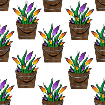 Seamless pattern with hyacinth flowers in a rustic wooden bucket on white background. Muscari in wooden pot.