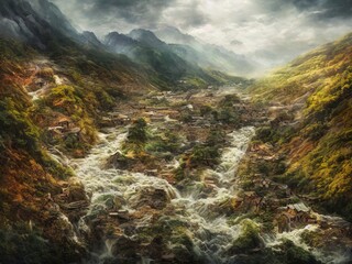 Landslide and Flooded village, Natural Disaster - Digital Art
