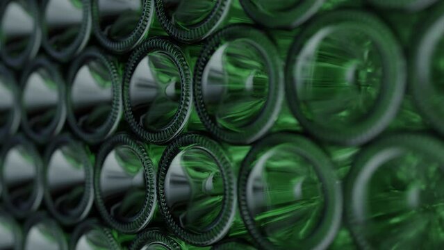 Seamless looped 4K video animation of wine bottles. Storage of a large number of bottles in the same place. Endless loop short video clip with depth of field