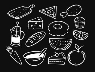 Cooking food icons set hand drawn white color outline illustration isolated on a black chalkboard.