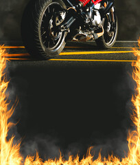 Motorbike and fire flames on vertical black frame background with copy space