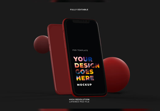 Vertical Black Smartphone Mockup with Floating 3D Objects on Dark Background
