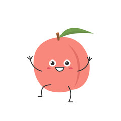 Peach greeting cute character cartoon juicy sweet fruit smiling face kawaii joy happy emotions icon vector illustration.