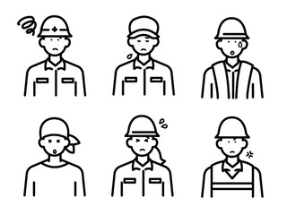 ネガティブな表情の土木作業員のアバターイラストセット　線画のみ