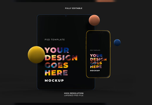 Vertical Black Tablet and Smartphone Mockup in Dark Style with 3D Geometry Shapes