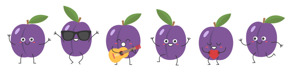 Set plums cute character cartoon juicy fruit greeting jumping sings love running smiling face kawaii joy happy emotions icon vector illustration.