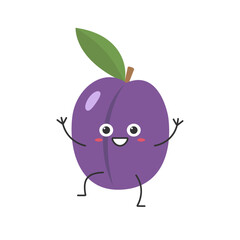 Plum greeting cute character cartoon juicy fruit smile face kawaii joy happy emotions icon vector illustration.