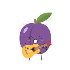 Plum character cartoon juicy fruit cheerful plays the guitar sings cute funny face happy joy emotions icon vector illustration.