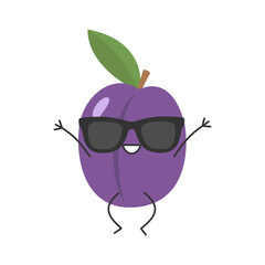Plum jumping greeting cute character cartoon juicy fruit smiling face kawaii joy happy emotions icon vector illustration.