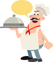 Chef with plate and speech bubble. Vector illustration