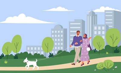 Landscape with muslim couple walking a dog at city park. Flat vector illustration.