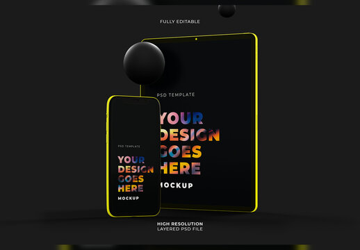 Vertical Black Tablet and Horizontal Smartphone Mockup with Dark Style