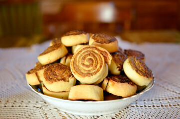 walnut homemade strudels in the ceramic bowl