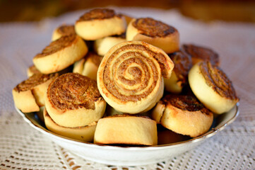 walnut homemade strudels in the ceramic bowl