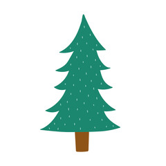 Cute Christmas tree isolated element on white. Doodle winter pine tree for xmas invitations, banners, prints in cartoon style. Hand drawn clipart. Vector illustration 