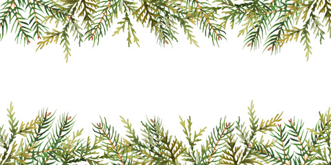 Watercolor christmas frame with evergreen branches of spruce and thuja