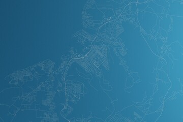 Map of the streets of Port Louis (Mauritius) made with white lines on blue paper. Rough background. 3d render, illustration