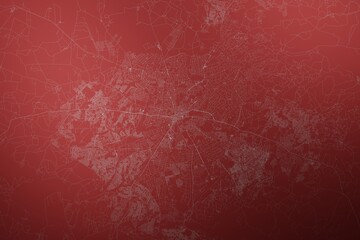 Map of the streets of Harare (Zimbabwe) made with white lines on abstract red background lit by two lights. Top view. 3d render, illustration