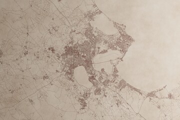 Map of Tunis (Tunisia) on an old vintage sheet of paper. Retro style grunge paper with light coming from right. 3d render