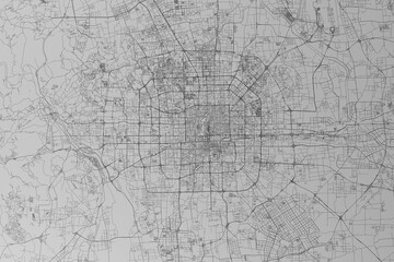 Map of the streets of Beijing (China) made with black lines on grey paper. Top view. 3d render, illustration