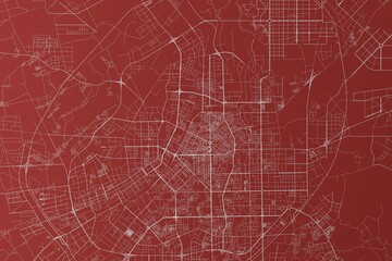 Map of the streets of Changchun (China) made with white lines on red background. Top view. 3d render, illustration