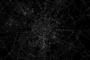 Stylized map of the streets of Chengdu (China) made with white lines on black background. Top view. 3d render, illustration
