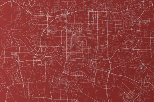 Map of the streets of Foshan (China) made with white lines on red background. Top view. 3d render, illustration