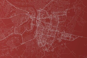 Map of the streets of Vitebsk (Belarus) made with white lines on red background. Top view. 3d render, illustration