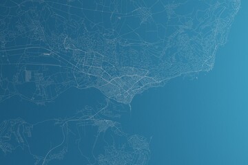 Map of the streets of Varna (Bulgaria) made with white lines on blue paper. Rough background. 3d render, illustration - obrazy, fototapety, plakaty