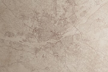 Naklejka premium Map of Nantes (France) on an old vintage sheet of paper. Retro style grunge paper with light coming from right. 3d render