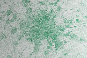 Map of the streets of Munich (Germany) made with green lines on white paper. 3d render, illustration