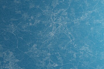 Map of the streets of Stuttgart (Germany) made with white lines on blue paper. Rough background. 3d render, illustration