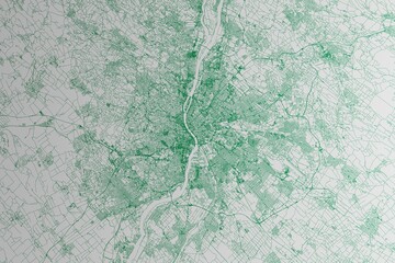 Naklejka premium Map of the streets of Budapest (Hungary) made with green lines on white paper. 3d render, illustration